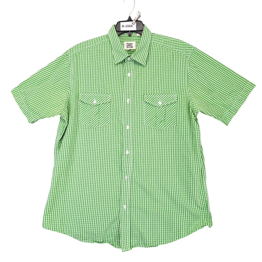 Paper Denim & Cloth Green Gingham Button Shirt Mens XL Short Sleeve Preppy Golf
